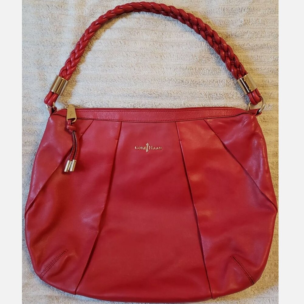 Cole Haan Red Adele Pleated Braided Hobo Shoulder Leather Bag